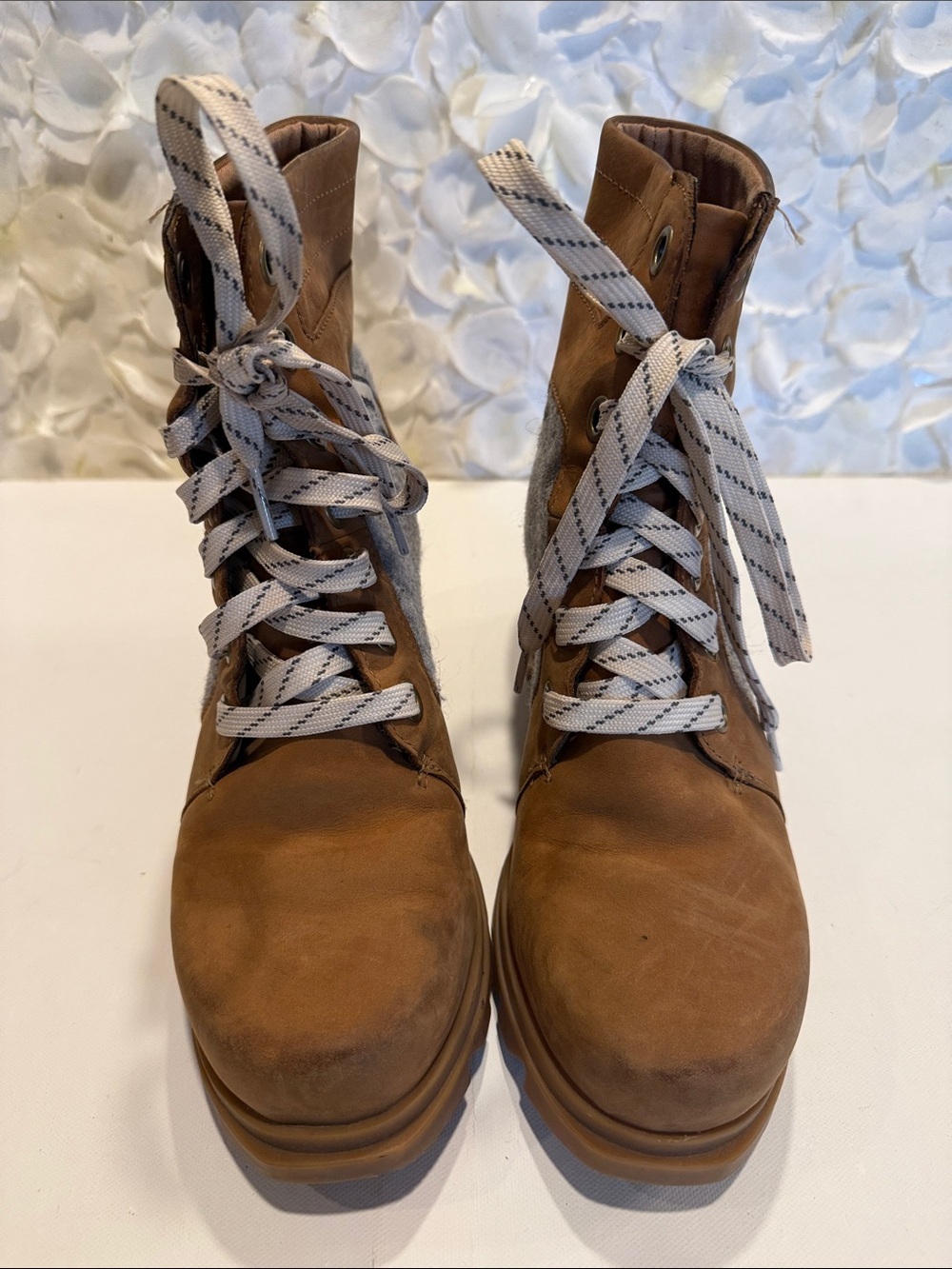 Sorel Brown Lace-Up Leather Ankle Boots with White Patterned Laces